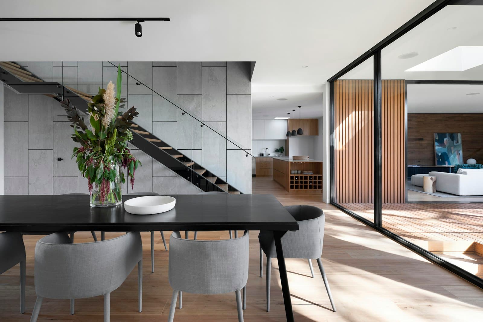Modern home interior with glass entry points